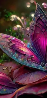 Vibrant fantasy butterfly on lush leaves