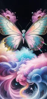 Colorful fantasy butterfly over swirling clouds wallpaper.