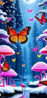 Colorful fantasy wallpaper with butterflies in a vibrant forest.