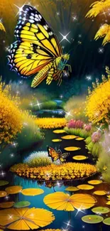 Colorful butterfly over vibrant fantasy pond scene.