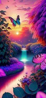 A vibrant fantasy scene with butterflies and colorful foliage.