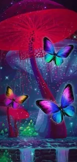 Fantasy wallpaper with colorful butterflies and glowing mushrooms.