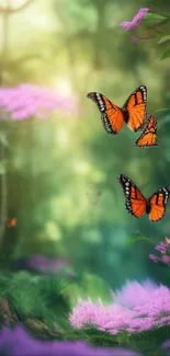 Vibrant butterflies in a lush green fantasy forest scene.