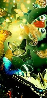 Colorful butterflies on a green backdrop, creating a vibrant, nature-themed wallpaper.