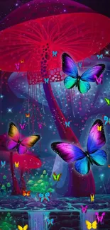 Fantasy wallpaper with butterflies and colorful mushrooms.