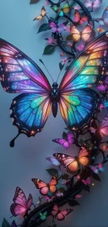 Colorful butterflies in a fantasy scene with vibrant, glowing wings.