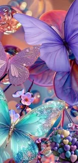 Colorful fantasy wallpaper with butterflies and flowers.