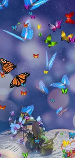 Colorful butterflies over a book with a purple, starry background.