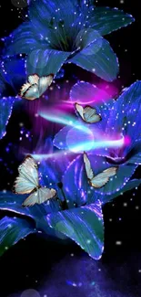 Enchanting blue and purple wallpaper with butterflies and glowing flowers.