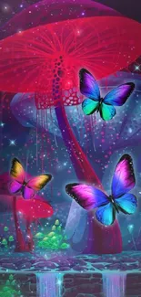 Vibrant fantasy wallpaper with glowing butterflies and mushrooms.