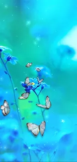 Vibrant blue floral wallpaper with butterflies.