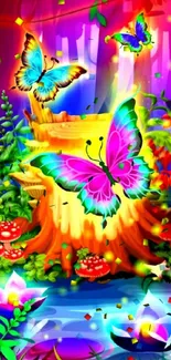 Colorful butterflies in a magical forest wallpaper.