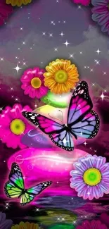 Vibrant butterfly and flowers fantasy wallpaper.