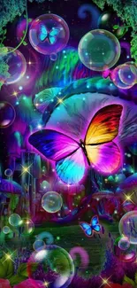 Vibrant fantasy wallpaper with butterflies and glowing mushrooms.