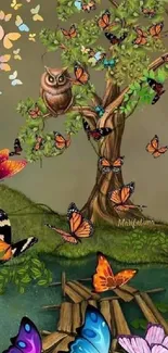 Vibrant fantasy wallpaper with colorful butterflies, an owl, and a tree scene.