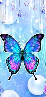 Colorful butterfly with roses and stars on blue background.