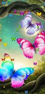 Vibrant butterflies in a mystical, leafy forest.