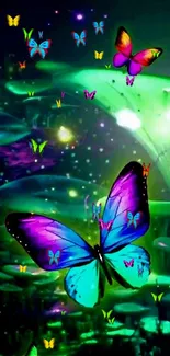 Colorful butterfly fantasy wallpaper with vibrant green glow.