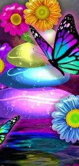 Colorful butterfly and flowers fantasy wallpaper.