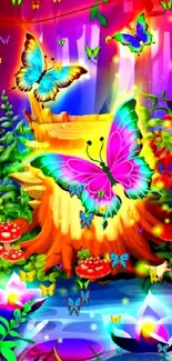 Colorful butterflies in a neon fantasy forest wallpaper.