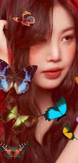 Mobile wallpaper with butterflies and a red background.