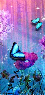 Vibrant butterfly fantasy wallpaper with colorful flowers and sparkling effects.