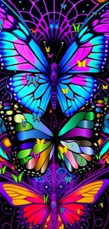 Vibrant neon butterflies in a fantasy design wallpaper.