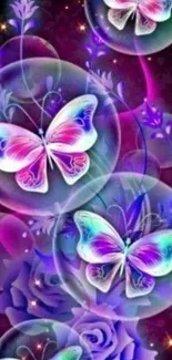 Vibrant purple fantasy wallpaper with butterflies and flowers.