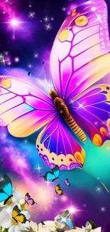 Colorful fantasy wallpaper with vibrant purple butterfly.