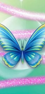 Vibrant blue butterfly on abstract green and pink wallpaper.