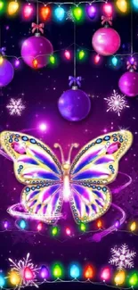 Vibrant butterfly with colorful lights and purple background.