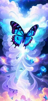 Vibrant blue butterfly in a fantasy cloudscape.