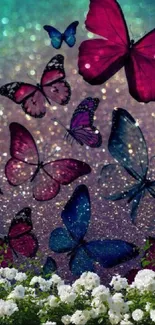 Colorful butterfly wallpaper with glittery background and flowers.