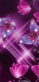 Vibrant purple butterfly wallpaper with floral pattern.