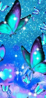 Colorful butterfly wallpaper with sparkles and vibrant blue hues.