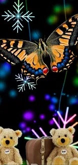 Vibrant butterfly with neon lights and teddy bears on a black background.