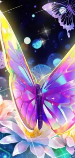 Colorful butterfly and flowers fantasy wallpaper.