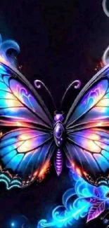 Vibrant neon butterfly art with glowing colors on black background.