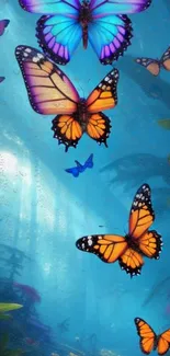 Colorful butterflies in a mystical blue forest.