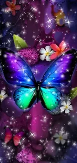 Colorful butterfly surrounded by flowers and stars on a purple, magical background.