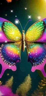 Vibrant butterfly with crescent moon in a fantasy night sky.