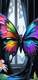 Colorful butterfly with rainbow wings on a dark background with flowers.