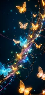 Colorful glowing butterflies on a dark background.