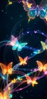 Vibrant neon butterflies swirl in a dark, magical fantasy setting.