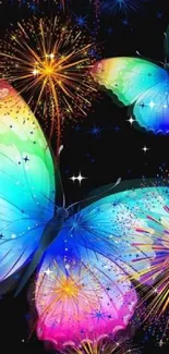 Vibrant butterflies with fireworks against a dark background.