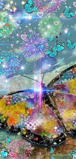 Colorful butterfly with fireworks background