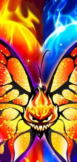 Vibrant butterfly in blue and orange flames.