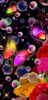 Colorful butterflies and flowers with bubbles on black background.