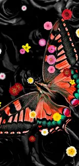 A vibrant butterfly on black roses with colorful flowers.