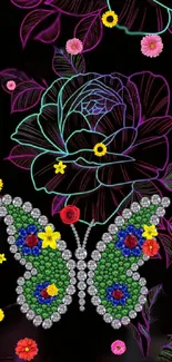 Colorful jeweled butterfly with vibrant flowers on a black background.